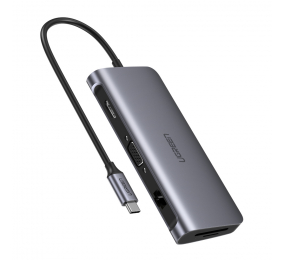 Adaptador UGREEN CM179 USB-C para 3xUSB 3.0 + HDMI + USB-C + VGA + RJ45 + SD/TF Cinzento